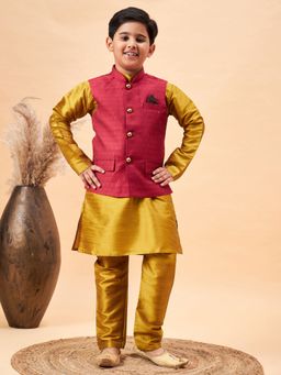 Vastramay - Boys Mustard Jacket, Kurta and Pyjama (Set of 3)