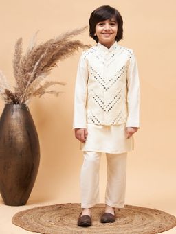 Vastramay - Boys Cream Jacket, Kurta and Pyjama (Set of 3)