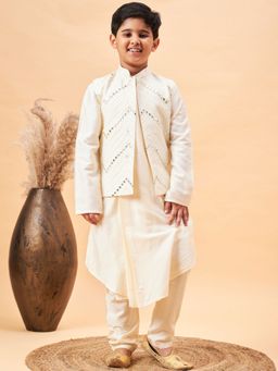 Vastramay - Boys Cream Jacket, Kurta and Pyjama (Set of 3)