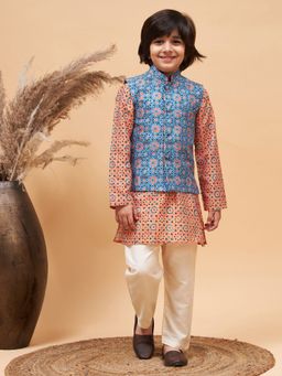 Vastramay - Boys Orange Jacket, Kurta and Pyjama (Set of 3)