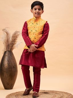 Vastramay - Boys' Maroon Patola Jacket Kurta & Pyjama Set