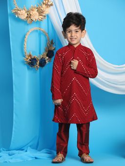 Vastramay - Boys Maroon Mirror Work Kurta and Pyjama (Set of 2)