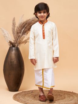 Vastramay - Boys Cream Kurta and Mundu (Set of 2)