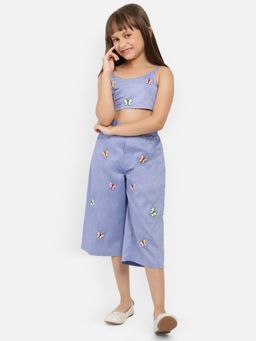Nautinati - Girls Blue Embroidered Shoulder Strap Cropped Top With Trouser (Set of 2)