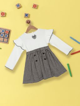 Nautinati - Girls White & Black Houndstooth Printed Fit & Flare Dress