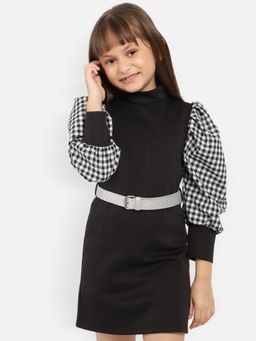 Nautinati - Girls Black High Neck Puffed Sleeves Party Sheath Dress With Belt (Set of 2)
