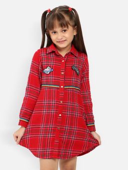 Nautinati - Girls Red Checkered Pure Cotton Shirt Dress With Asymmetric Hem