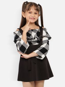 Nautinati - Girls Black-White Pure Cotton Pinafore Dress With Off Shoulder Top (Set of 2)