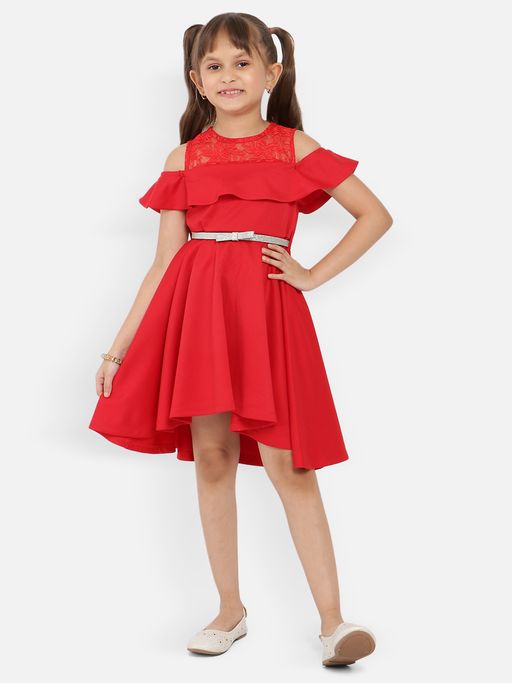 Buy Nautinati Girls Red Solid Half Sleeves Fit & Flare Dress With Waist  Belt (Set of 2) Online
