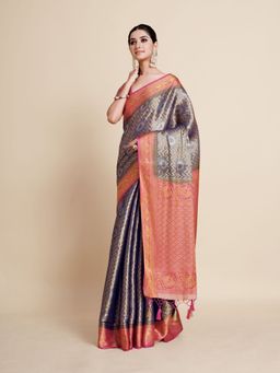 Mimosa - Women Traditional Narayani Kanjivaram Art Silk Navy Blue Saree with Unstitched Blouse