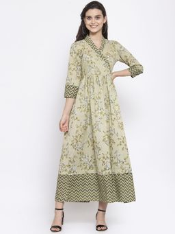 Indibelle - Cotton Pista Green Floral Print A-line Dress