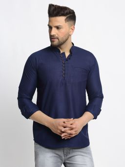 Jompers - Men Cotton Solid Kurta in Navy Blue
