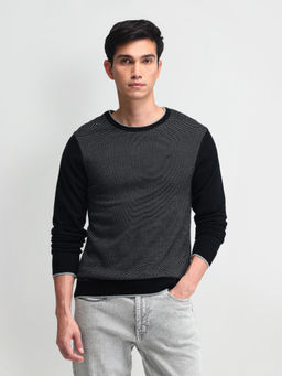 Arrow - Self Design Black Full Sleeves Crew Neck Sweaters