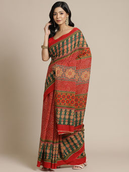 Yufta - Red & Green Ethnic Motifs Pure Cotton Block Print Saree with Unstitched Blouse