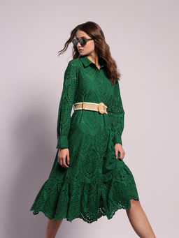 VERO MODA - Green Schiffli Embroidered Midi Dress with Belt (Set of 2)