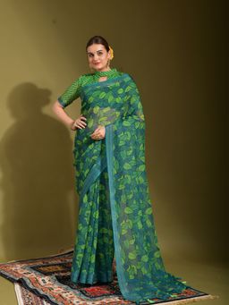 Odette - Green Linen Designer Saree with Unstitched Blouse