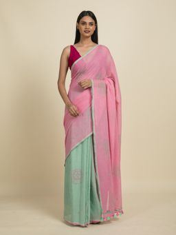 Suta - Pink and Green Floral Block Printed Mul Cotton Saree