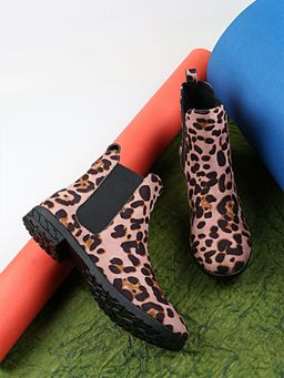 Shoetopia - Women Pink Brown Leopard Print Suede Flat Boots