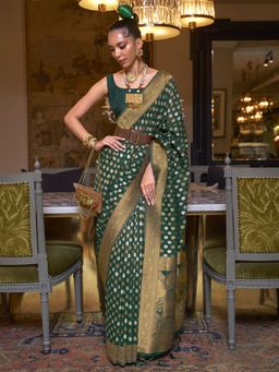 Akhilam - Womens Silk Blend Green Woven Designer Saree with Unstitched Blouse