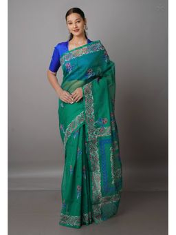 Unnati Silks - Green Pure Block Printed Kota Cotton Saree with Unstitched Blouse