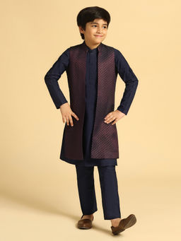 KISAH - Boys Navy Blue Embroidered Kurta Jacket and Pyjama (Set of 3)