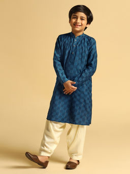 KISAH - Boys Teal Blue Self Design Kurta with Patiala (Set of 2)