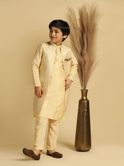 KISAH - Boys Cream Embellished Kurta Jacket and Pyjama (Set of 3)
