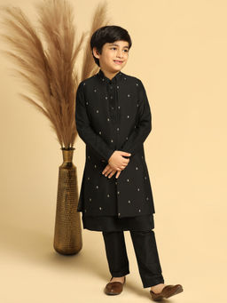 KISAH - Boys Black Embroidered Kurta Jacket and Pyjama (Set of 3)