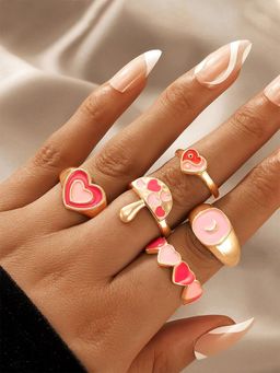 Yellow Chimes - Set of 5 Gold-Plated Pink Enameled Finger Ring (7)