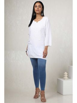 Soch - Womens Blue Cotton Blend Solid Leggings