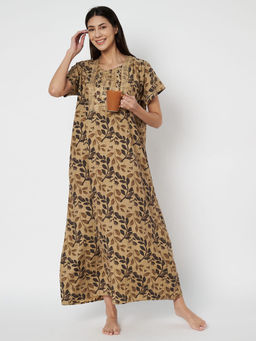 KOI SLEEPWEAR - Olive Brown Printed Night Gown for Women
