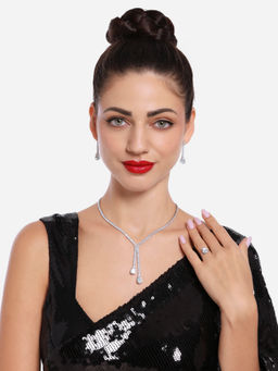 Zaveri Pearls - Silver Tone CZ Brass Party Lariat Necklace Earring Ring -ZPFK16718 (Set of 3)