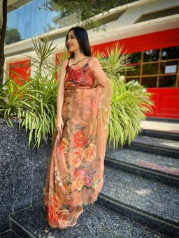 Odette - Brown Organza Printed Saree with Unstitched Blouse