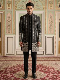 Jompers - Black Silk Blend Embroidered Indo-Western Kurta with Sherwani with Pant