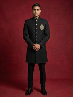 Jompers - Men Black Cotton Blend Embroidered Indo-Western Sherwani with Pant