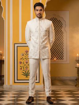 Jompers - Men Cream Cotton Blend Embroidered Indo-Western Sherwani with Pant