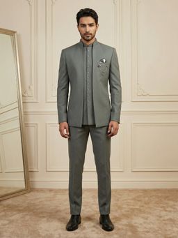 Jompers - Grey Cotton Blend Solid Indo-Western Kurta with Sherwani with Pant