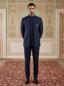 Jompers - Navy Blue Cotton Blend Solid Indo-Western Kurta with Sherwani with Pant