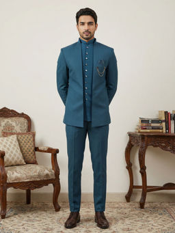 Jompers - Teal Cotton Blend Solid Indo-Western Kurta with Sherwani with Pant