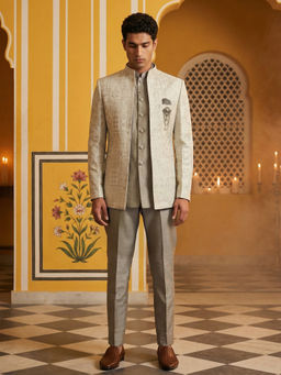 Jompers - Men Cream Silk Blend Embroidered Indo-Western Kurta with Sherwani with Pant