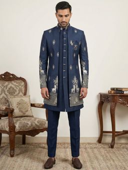 Jompers - Navy Blue Cotton Blend Embroidered Indo-Western Kurta with Sherwani with Pant