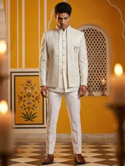 Jompers - Cream Silk Blend Embroidered Indo-Western Kurta with Sherwani with Pant
