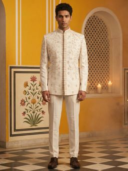 Jompers - Cream Cotton Blend Embroidered Indo-Western Sherwani with Pant