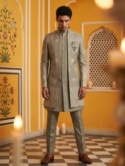 Jompers - Men Grey Cotton Blend Embroidered Indo-Western Kurta with Sherwani with Pant