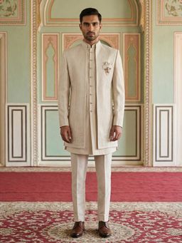 Jompers - Off White Silk Blend Textured Indo-Western Kurta with Sherwani with Pant