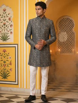 Jompers - Men Grey Silk Blend Embroidered Indo-Western Sherwani with Pyjama