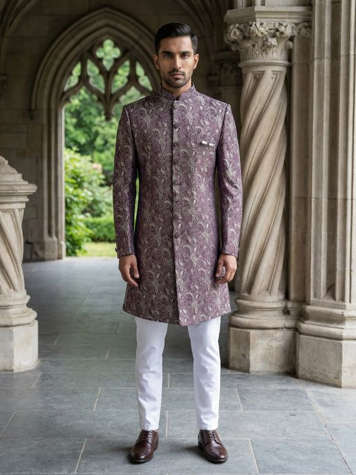 Jompers Men Maroon Silk Blend Embroidered Indo-Western Sherwani with Pyjama