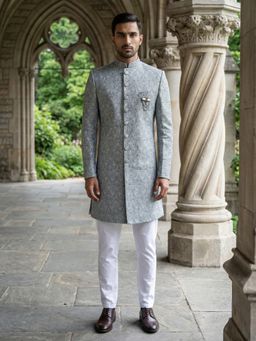 Jompers - Grey Silk Blend Embroidered Indo-Western Sherwani with Pyjama