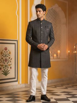 Jompers - Black Silk Blend Textured Indo-Western Sherwani with Pyjama