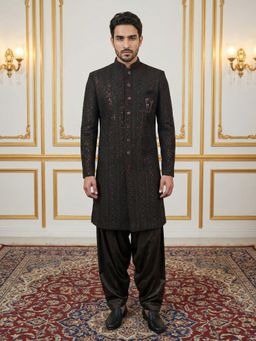 Jompers - Maroon Velvet Embroidered Indo-Western Sherwani with Salwar
